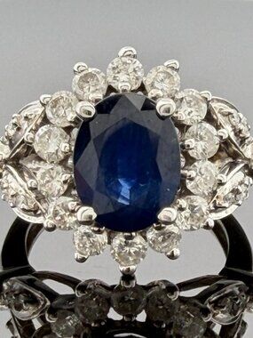 14K White Gold Natural Oval Blue Sapphire Diamond Halo Ring 6.3g Size 6.75